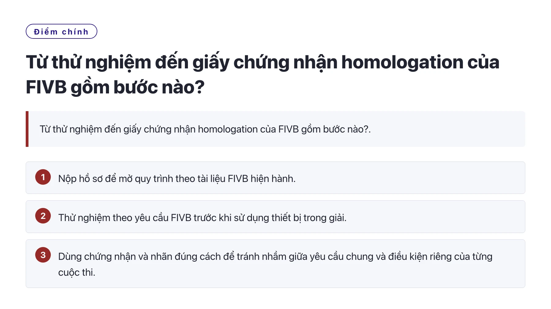 Từ thử nghiệm đến giấy chứng nhận homologation của FIVB gồm bước nào?——全文要点速览